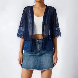 New Boho Solid Lace Open Front Crop Short Cover Up Black Semi Sheer Kimono NWT